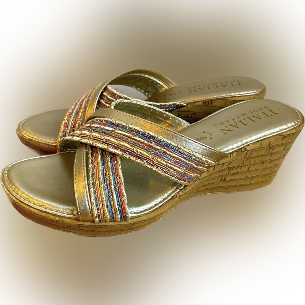 Made in Italy, Italian Shoemakers Gold Wedge Heel, Slip-On, Size 10 Beach Shoes